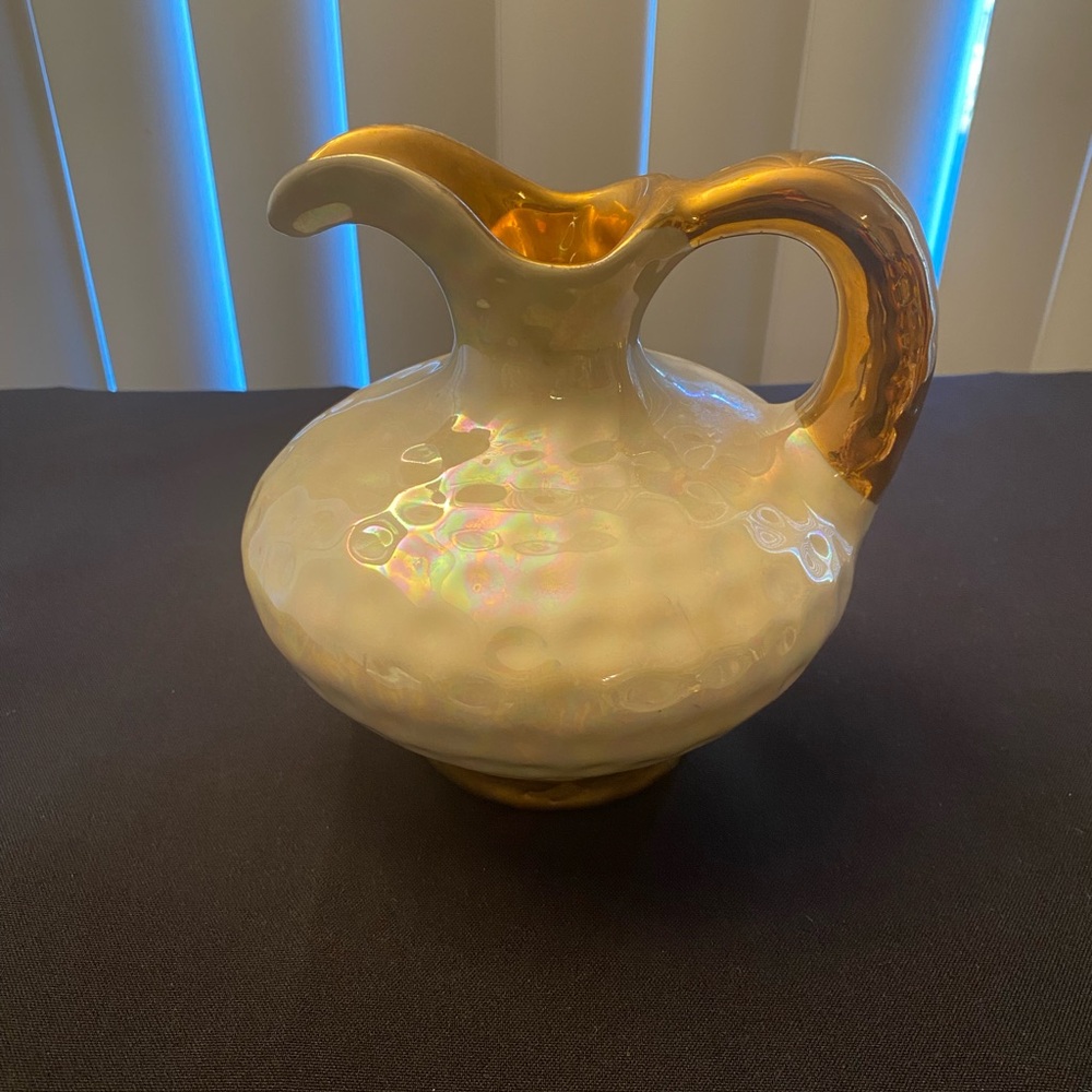 Opalescent Ceramic Pitcher Vase in White and Gold 6inH